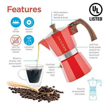 GROSCHE Milano Stovetop Espresso Maker Moka Pot 9 espresso Cup, 15.2 oz, Red - Cuban Coffee Maker Stove top coffee maker Moka Italian espresso greca coffee maker brewer percolator