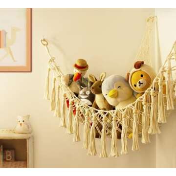Stuffed Animal Toy Storage Hammock with LED Light - Macrame Jumbo Doll Corner Stuff Animals Organize...