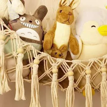 Stuffed Animal Toy Storage Hammock with LED Light - Macrame Jumbo Doll Corner Stuff Animals Organizer Decorations - Cute Hanging Plushie Net Kids Baby Nursery Bedroom Room Decor