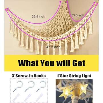 Stuffed Animal Toy Storage Hammock with LED Light - Macrame Jumbo Doll Corner Stuff Animals Organizer Decorations - Cute Hanging Plushie Net Kids Baby Nursery Bedroom Room Decor