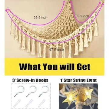 Stuffed Animal Toy Storage Hammock with LED Light - Macrame Jumbo Doll Corner Stuff Animals Organizer Decorations - Cute Hanging Plushie Net Kids Baby Nursery Bedroom Room Decor
