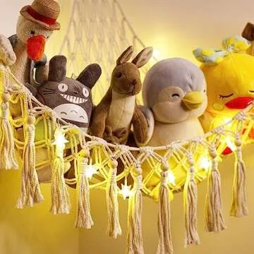 Stuffed Animal Toy Storage Hammock with LED Light - Macrame Jumbo Doll Corner Stuff Animals Organizer Decorations - Cute Hanging Plushie Net Kids Baby Nursery Bedroom Room Decor