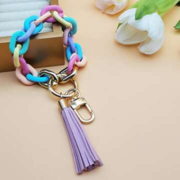 Pemilosci Keychain Bracelet Wristlet Stylish Acrylic Key Ring for Women House Car Keys Keychain Wristlet with Leather Tassel Bag Charm Pendant Keychain (Colorful)…