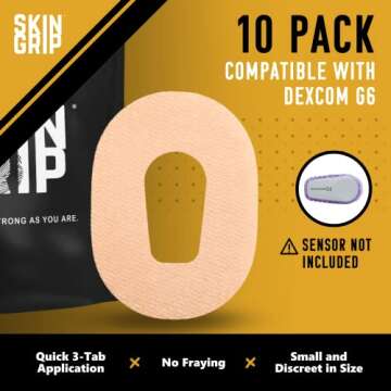 Skin Grip MAX Adhesive Patches for Dexcom G6 CGM – Pre-Cut, Non-Fraying, Extreme Adhesive Medical Tape – Continuous Glucose Monitor Sensor Cover, Waterproof & Sweatproof for 10-14 Days – 10 Pack, Tan