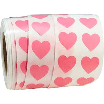 Pink Heart Semi-Gloss Stickers in 1/2" Inch, 1000 Adhesive Labels on a roll, Arts and Crafts, Envelope Seals, Valentines Day Gift Tags for Gift Giving