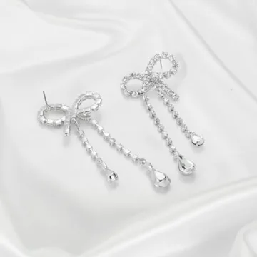 Elegant Silver CZ Bow Drop Earrings for Women - Hypoallergenic
