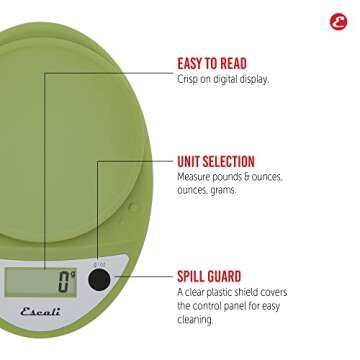 Escali Primo Digital Food Scale Multi-Functional Kitchen Scale and Baking Scale for Precise Weight Measuring and Portion Control, 8.5 x 6 x 1.5 inches, Tarragon Green