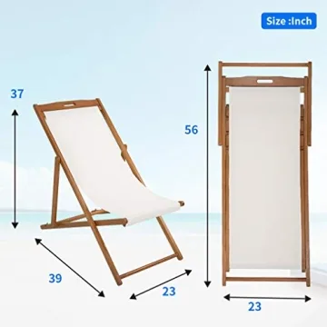 FDW Beach Sling Patio Chair for Relaxing, Foldable with Adjustable Height Made from Eucalyptus Wood with White Polyester,Khaki