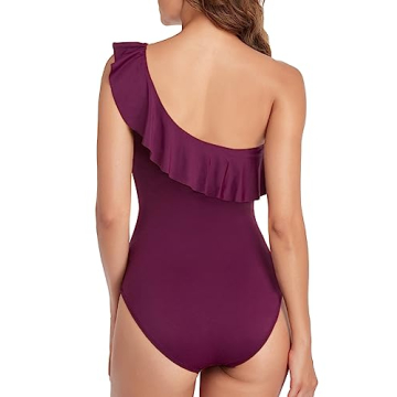 Hilor Women's One Piece Swimsuits One Shoulder Swimwear Asymmetric Ruffled Monokinis Bathing Suits Burgundy 12