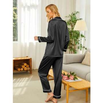 Ekouaer Silk Satin Pajamas Women's Long Sleeve Pj Set Soft Button Down 2 Piece Sleepwear Loungewear (Black,M)
