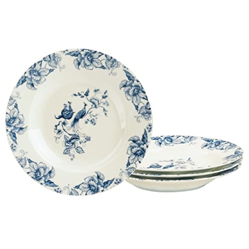 Blue Floral Deep Soup Plates Set of 4, Elegant Tableware