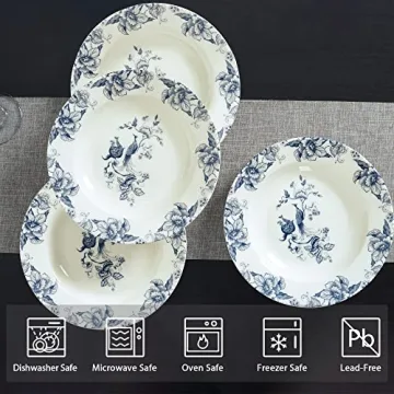 Blue Floral Deep Soup Plates Set of 4, Elegant Tableware