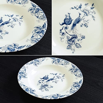 Blue Floral Deep Soup Plates Set of 4, Elegant Tableware