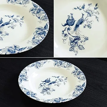 Blue Floral Deep Soup Plates Set of 4, Elegant Tableware