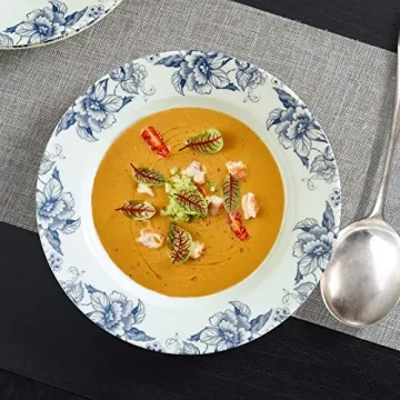 Blue Floral Deep Soup Plates Set of 4, Elegant Tableware