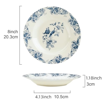 Blue Floral Deep Soup Plates Set of 4, Elegant Tableware