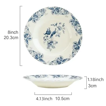 Blue Floral Deep Soup Plates Set of 4, Elegant Tableware