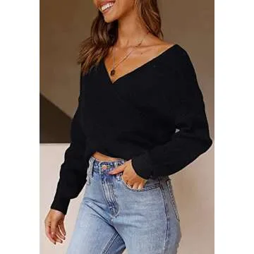ZCSIA Women's Wrap V Neck Cropped Sweaters 2024 Fall Long Sleeve Cross Front Off Shoulder Solid Knitted Pullover Tops,Black,XLarge
