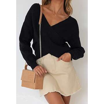 ZCSIA Women's Wrap V Neck Cropped Sweaters 2024 Fall Long Sleeve Cross Front Off Shoulder Solid Knitted Pullover Tops,Black,XLarge