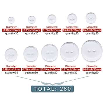 SEMINI Mixed Size 8mm-25mm 280Pcs Black/White/Transparent Resin Buttons Small Big 2 Holes Buttons Cr...