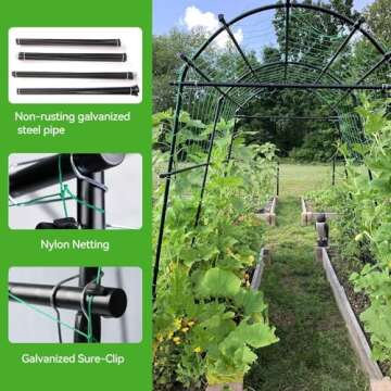 FOLLOOK Garden Arch Trellis for Climbing Plants Outdoor, 7.8 ft Tall PE-Coated Steel Walkway, Arched Arbors Tunnel Trellis for Vegetables, Cucumber Plant Support for Garden Raised Bed with Netting
