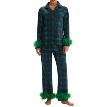 NUFIWI Christmas Pajamas Set for Women Long Sleeve Button Down Shirt Feather Trim Sleepwear Loungewe...