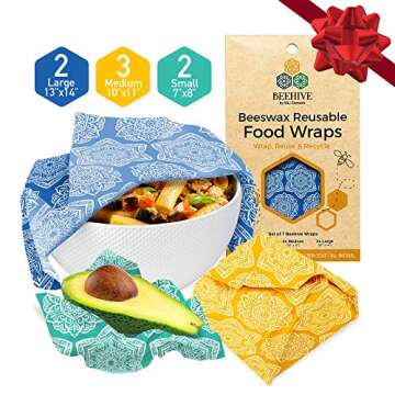 BEEHIVE Reusable Beeswax Food Wraps – 7 Pack Organic Food Wrap For Bread & Sandwich Wrapping – Eco Friendly, Sustainable & Zero Waste Biodegradable Bees Wax Wrap For Food Cover & Storage