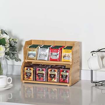 TIOPGHAD Tea Bag 2-Layer Stackable Bamboo Organizer - Wooden Tea Bags Storage Holder Tea Box Contain...