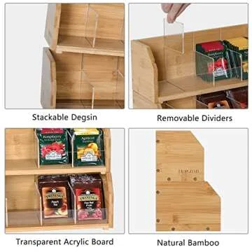 TIOPGHAD Tea Bag 2-Layer Stackable Bamboo Organizer - Wooden Tea Bags Storage Holder Tea Box Containers Rack Teabag Station for Cabinet Countertop Office(Patented Design)