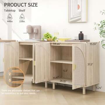 YHAOWORKS Sideboard Buffet Cabinet with Storage - Natural Rattan 2 Door Sideboard, Accent Storage Ca...