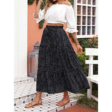 ZESICA Women's 2025 Summer Bohemian Floral Printed Elastic Waist A Line Maxi Skirt with Pockets,Blac...