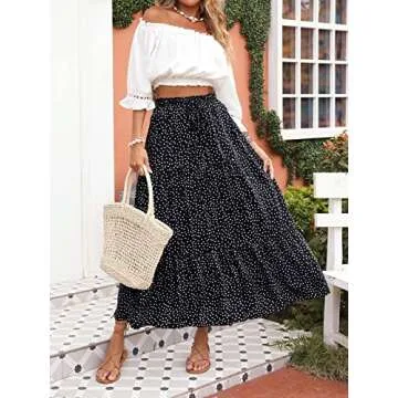 ZESICA Women's 2025 Summer Bohemian Floral Printed Elastic Waist A Line Maxi Skirt with Pockets,Black,Small