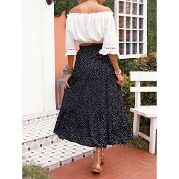 ZESICA Women's 2025 Summer Bohemian Floral Printed Elastic Waist A Line Maxi Skirt with Pockets,Black,Small