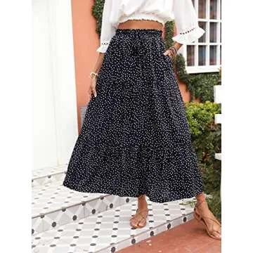 ZESICA Women's 2025 Summer Bohemian Floral Printed Elastic Waist A Line Maxi Skirt with Pockets,Black,Small