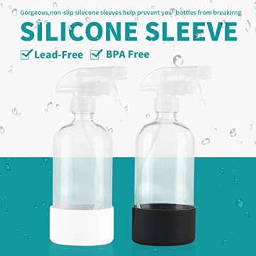 HOMBYS 16 Oz Clear Glass Spray Bottles with Silicone Sleeve,Empty Boston Bottle Spray Bottle with Adjustable Nozzle,Refillable Container for Cleaning, Essential Oils, Hair, Plants