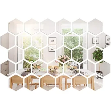 Shappy 32 Pcs Hexagon Mirror Wall Stickers Removable Silver Acrylic Mirror Stickers Honeycomb Wall D...