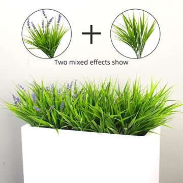 12 Bundles Artificial Plants Outdoor Fake Monkey Grass with Flowers for Pot UV Resistant Plant Decor for Window Garden Patio Hanging Planter Pathway Front Porch (Grass with Flowers)