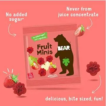 BEAR Real Fruit Snack Minis, Strawberry – (Pack of 18) – Bite Sized Snacks for Kids, Gluten Free, Vegan, Non GMO, 0.7 Oz