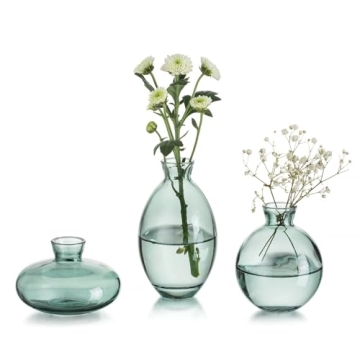 Glasseam Green Glass Bud Vase, 3Pcs/Set Modern Decorative Small Mini Flowers Vases Short Minimalist ...