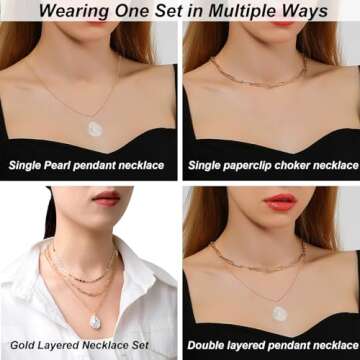 Bi&Yamigeo Gold Pearl Drop Necklace,Single White Faux Pearl Pendant Choker Necklace Set,Layered Paperclip Chain Jewelry for Women