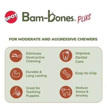 SPOT Bam-Bones Plus T Bone - Bamboo Fiber & Nylon, Durable Long Lasting Dog Chew for Aggressive Chewers – Great Toy for Adult Dogs & Teething Puppies Under 90lbs, Non-Splintering, 7in, Beef Flavor