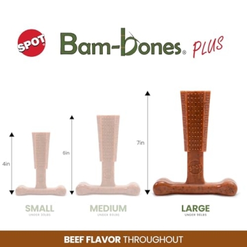 SPOT Bam-Bones Plus T Bone - Bamboo Fiber & Nylon, Durable Long Lasting Dog Chew for Aggressive Chewers – Great Toy for Adult Dogs & Teething Puppies Under 90lbs, Non-Splintering, 7in, Beef Flavor