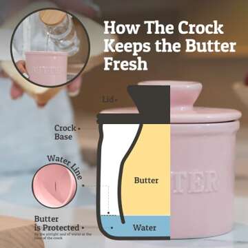 PriorityChef French Butter Crock with Lid, Keep Butter Spreadable & Fresh, Butter Keeper to Leave On Counter, French Butter Dish Perfect for Bread and Toast, Ideal Kitchen Gift, Pink