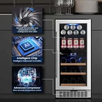 Friduo 15 inch Wine Beverage Refrigerator,13 Bottles 48 Cans Dual Zones Temperature Wine Fridge Undercounter or Freestanding, Beverage Fridge with Glass Door for Home Bar Office