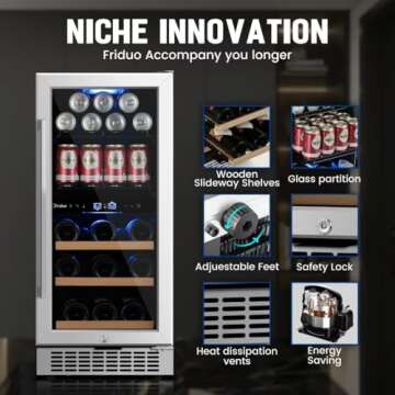 Friduo 15 inch Wine Beverage Refrigerator,13 Bottles 48 Cans Dual Zones Temperature Wine Fridge Undercounter or Freestanding, Beverage Fridge with Glass Door for Home Bar Office