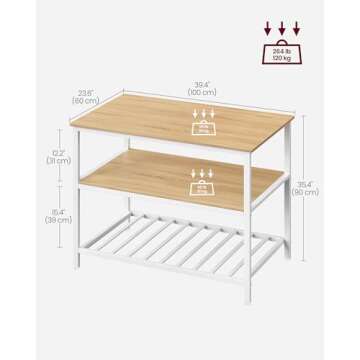 VASAGLE Kitchen Island with 3 Shelves, 39.4 Inches Width Kitchen Shelf with Large Worktop, Stable Steel Structure, Industrial, Easy to Assemble, Oak Color and White UKKI005W09