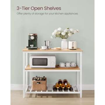 VASAGLE Kitchen Island with 3 Shelves, 39.4 Inches Width Kitchen Shelf with Large Worktop, Stable Steel Structure, Industrial, Easy to Assemble, Oak Color and White UKKI005W09