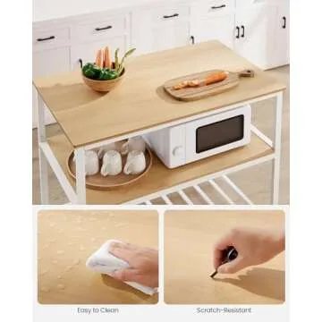 VASAGLE Kitchen Island with 3 Shelves, 39.4 Inches Width Kitchen Shelf with Large Worktop, Stable Steel Structure, Industrial, Easy to Assemble, Oak Color and White UKKI005W09