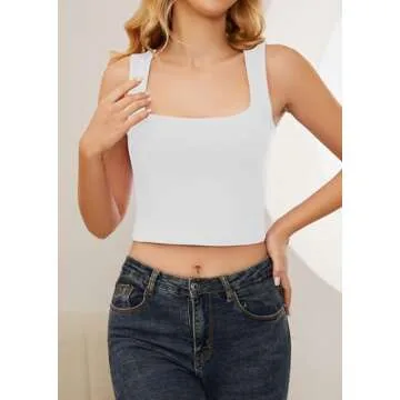 Meladyan Women's Solid Sleeveless Strappy Crop Tank Top Square Neck Casual Basic Cropped Vest Cami Streetwear, White, Small