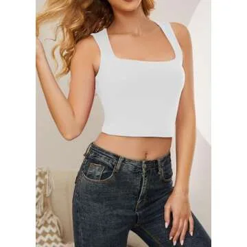 Meladyan Women's Solid Sleeveless Strappy Crop Tank Top Square Neck Casual Basic Cropped Vest Cami Streetwear, White, Small